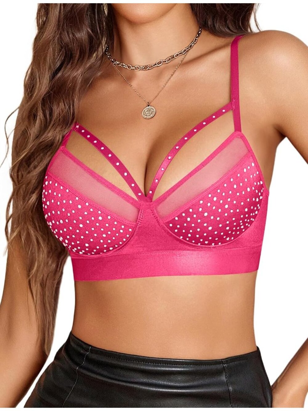 Women's Pink Rhinestone Bralette Sheer Mesh Strappy Wireless Rave Crop Top
